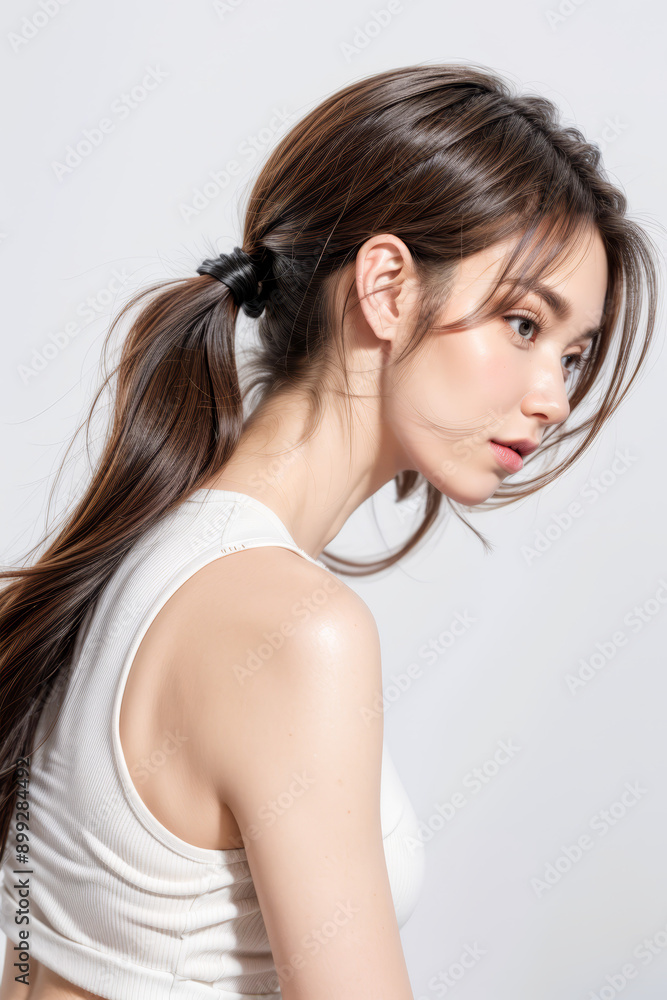 Side Profile of Beautiful Asian Model - Female with Perfect and Fine Features - Perfect and Glowing Skin - Looking up in Studio Environment - Styled and Smooth Hair - Fashion or Cosmetics Model Side Profile of Beautiful Asian Model - Female with Perfect and Fine Features - Perfect and Glowing Skin - Looking up in Studio Environment - Styled and Smooth Hair - Fashion or Cosmetics Model