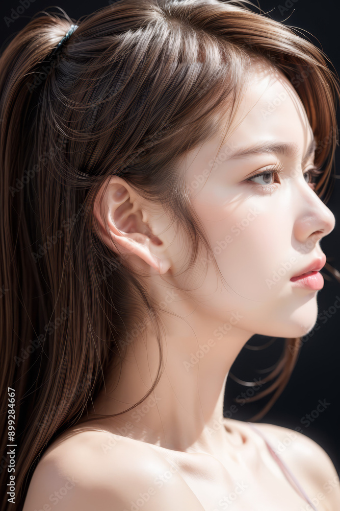 Side Profile of Beautiful Asian Model - Female with Perfect and Fine Features - Perfect and Glowing Skin - Looking up in Studio Environment - Styled and Smooth Hair - Fashion or Cosmetics Model Side Profile of Beautiful Asian Model - Female with Perfect and Fine Features - Perfect and Glowing Skin - Looking up in Studio Environment - Styled and Smooth Hair - Fashion or Cosmetics Model