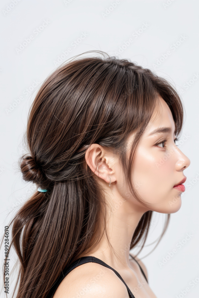 Side Profile of Beautiful Asian Model - Female with Perfect and Fine Features - Perfect and Glowing Skin - Looking up in Studio Environment - Styled and Smooth Hair - Fashion or Cosmetics Model Side Profile of Beautiful Asian Model - Female with Perfect and Fine Features - Perfect and Glowing Skin - Looking up in Studio Environment - Styled and Smooth Hair - Fashion or Cosmetics Model