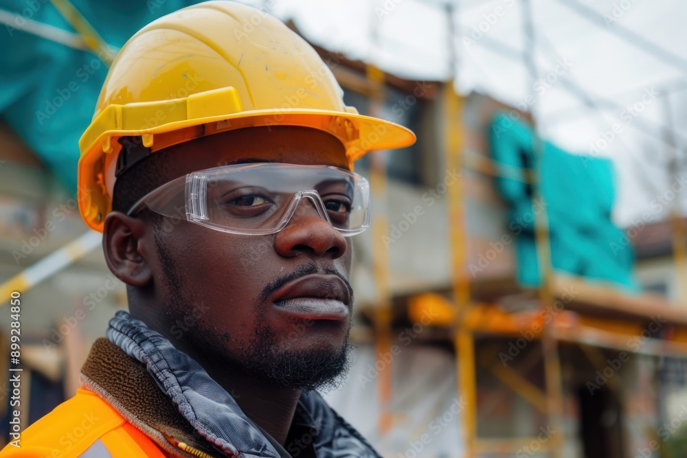 Eco-conscious construction worker at a building site, green materials, sustainable urban development Eco-conscious construction worker at a building site, green materials, sustainable urban development