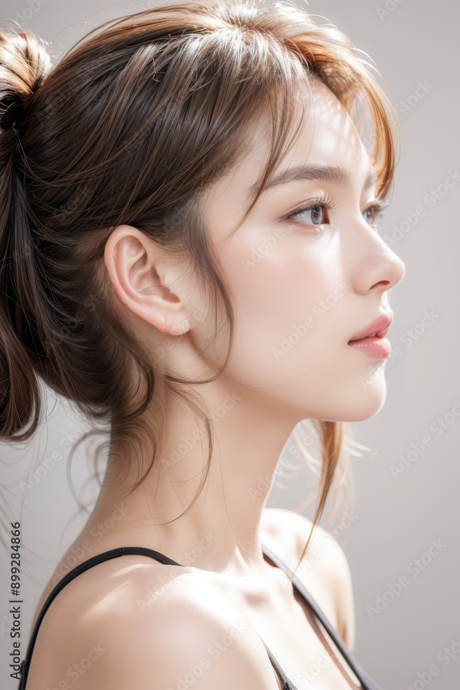 Side Profile of Beautiful Asian Model - Female with Perfect and Fine Features - Perfect and Glowing Skin - Looking up in Studio Environment - Styled and Smooth Hair - Fashion or Cosmetics Model Side Profile of Beautiful Asian Model - Female with Perfect and Fine Features - Perfect and Glowing Skin - Looking up in Studio Environment - Styled and Smooth Hair - Fashion or Cosmetics Model
