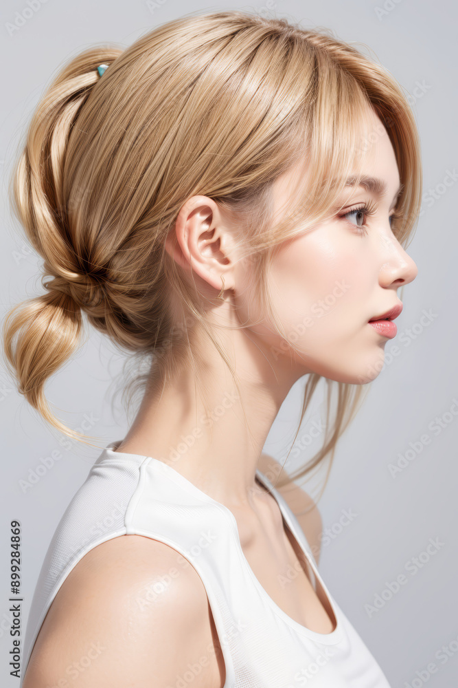 Side Profile of Beautiful Asian Model - Female with Perfect and Fine Features - Perfect and Glowing Skin - Looking up in Studio Environment - Styled and Smooth Hair - Fashion or Cosmetics Model Side Profile of Beautiful Asian Model - Female with Perfect and Fine Features - Perfect and Glowing Skin - Looking up in Studio Environment - Styled and Smooth Hair - Fashion or Cosmetics Model