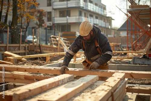 Eco-conscious construction worker at a building site, green materials, sustainable urban development © Anna