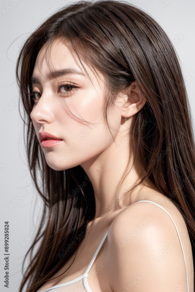 Side Profile of Beautiful Asian Model - Female with Perfect and Fine Features - Perfect and Glowing Skin - Looking up in Studio Environment - Styled and Smooth Hair - Fashion or Cosmetics Model Side Profile of Beautiful Asian Model - Female with Perfect and Fine Features - Perfect and Glowing Skin - Looking up in Studio Environment - Styled and Smooth Hair - Fashion or Cosmetics Model