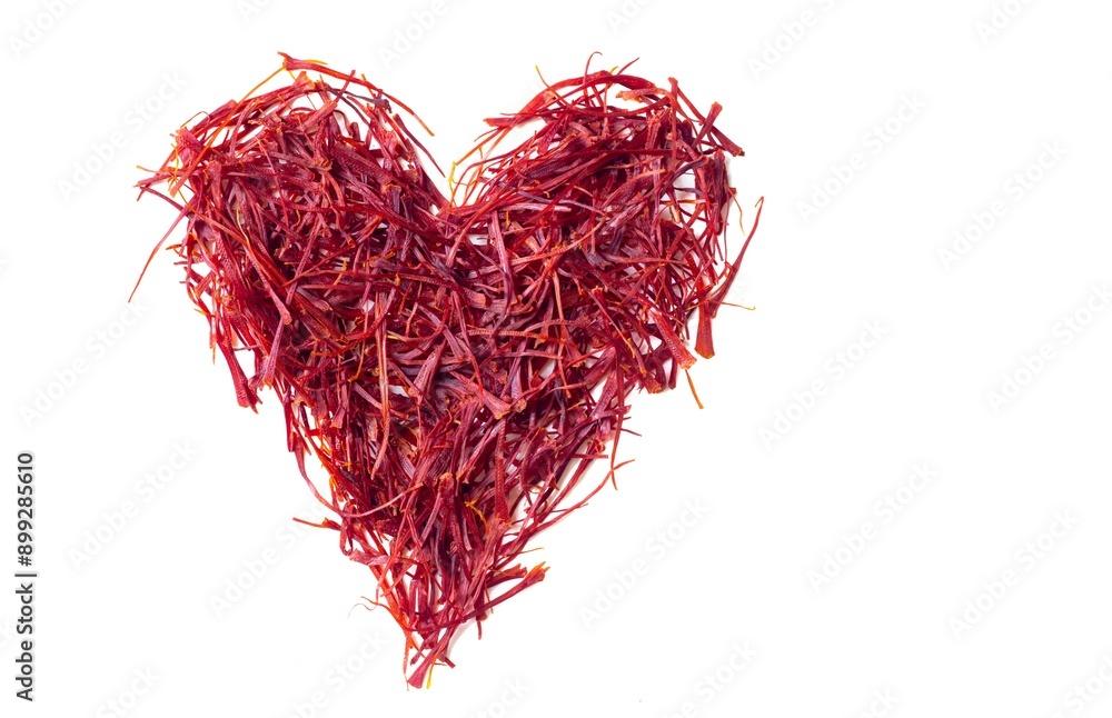 Fototapeta premium Heart Shape Created with Saffron or Kesar Heap Isolated on White Background with Copy Space