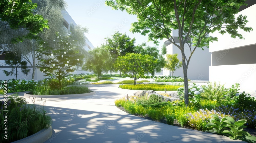 Modern Landscape Design with Lush Greenery and Stone Pathways Modern Landscape Design with Lush Greenery and Stone Pathways