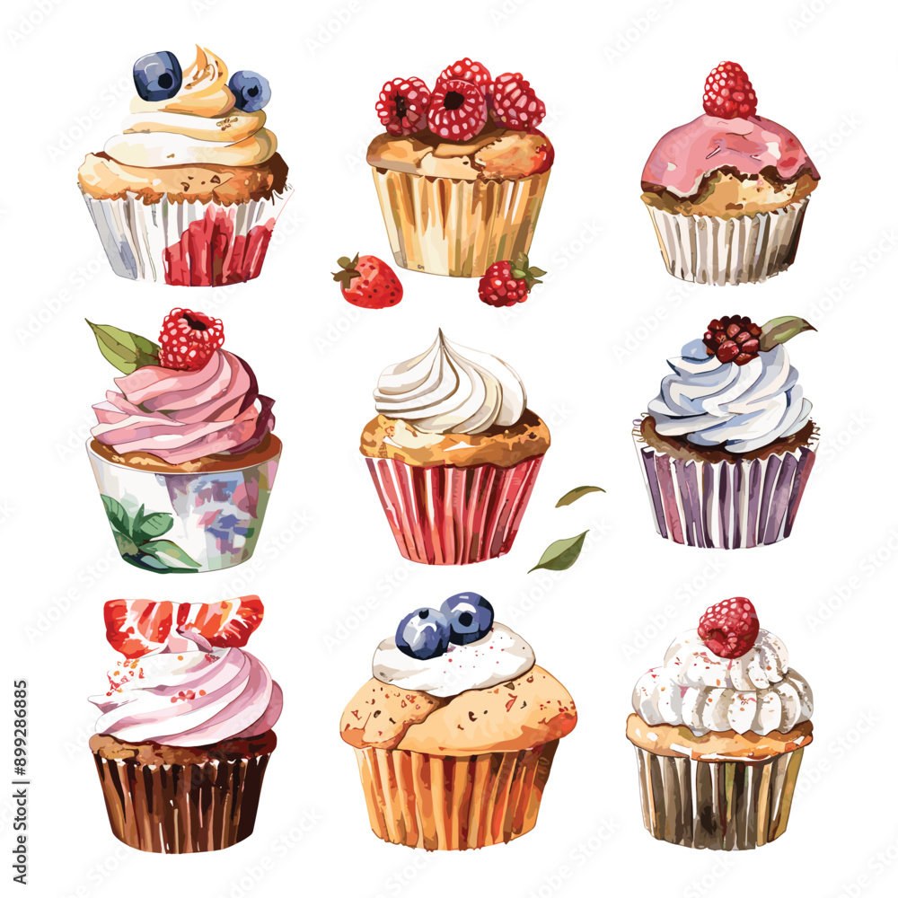 Watercolor illustration of a collection of cupcakes with different toppings. Watercolor illustration of a collection of cupcakes with different toppings.