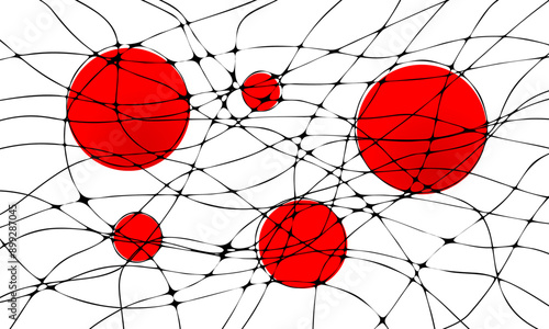 Chaotic abstract smooth lines, red circles, nero graphics, pencil design