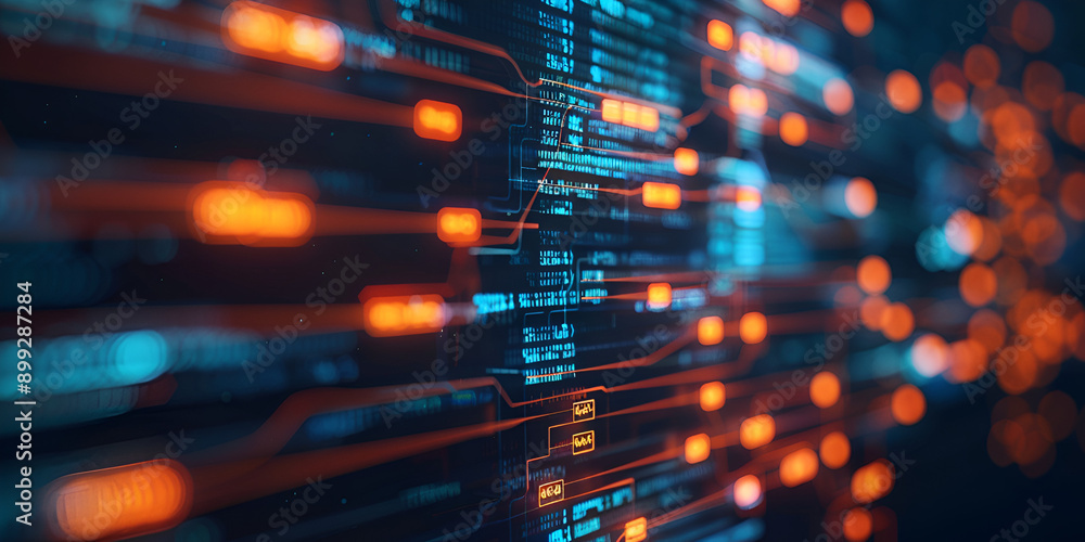 Software developer writing abstract blue code snippets The blurred ...