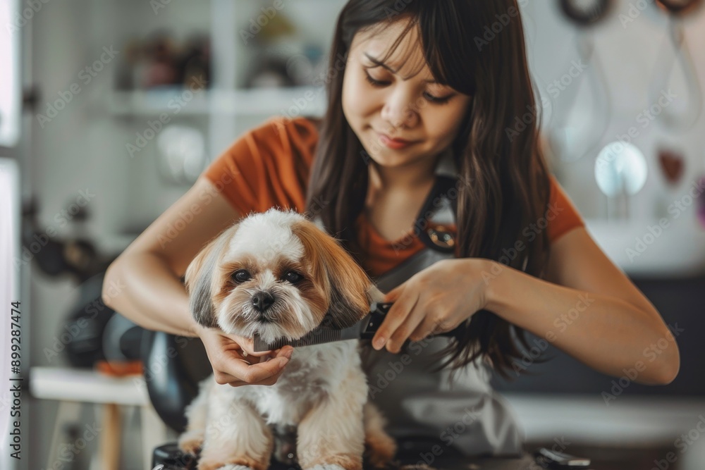 Dog hair cutting. woman cutting hair of dog in a grooming salon Dog hair cutting. woman cutting hair of dog in a grooming salon