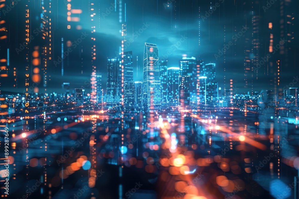 Dynamic futuristic cityscape with digital light particles, representing modern urban environments Dynamic futuristic cityscape with digital light particles, representing modern urban environments