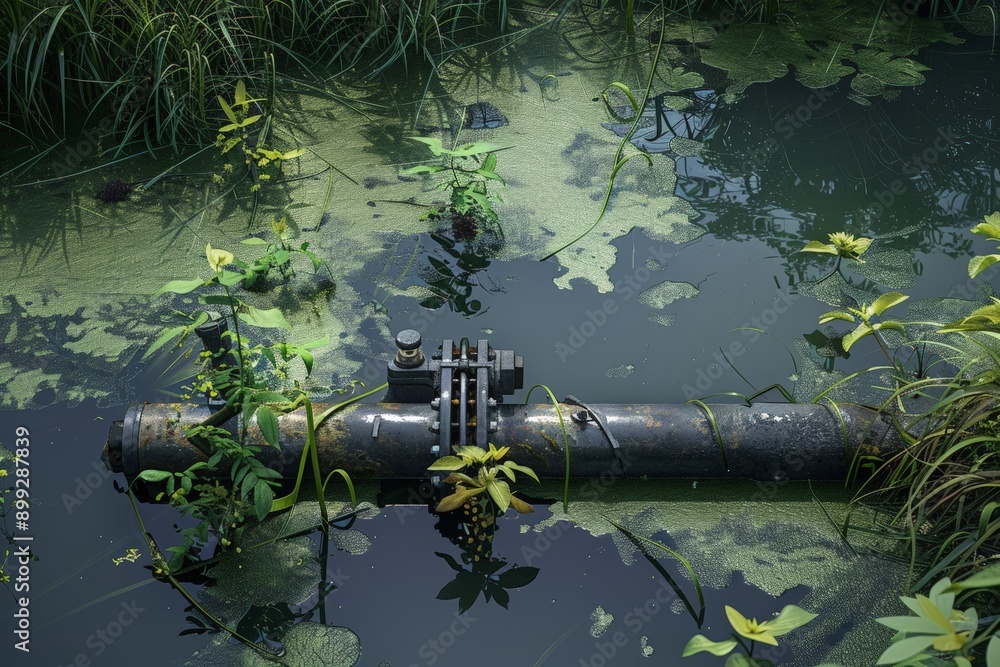 Rusty steel pipe submerged in polluted water, surrounded by overgrown vegetation, reflecting environmental decay concept