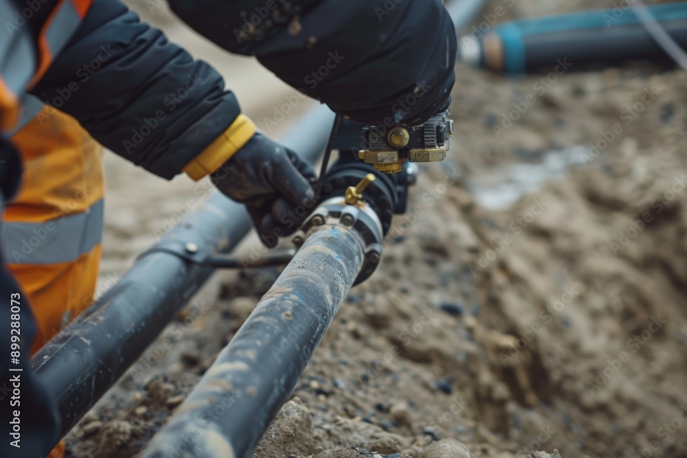 Worker fixing pipe in trench, construction project, outdoor maintenance, safety gear, industry, trench repair concept Worker fixing pipe in trench, construction project, outdoor maintenance, safety gear, industry, trench repair concept