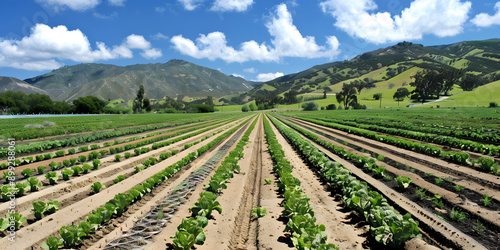 Freshly tilled farm field with rows of crops