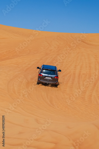 Desert Safari Rub Al Khali desert. Dubai Desert Travel Car Trip. vertical