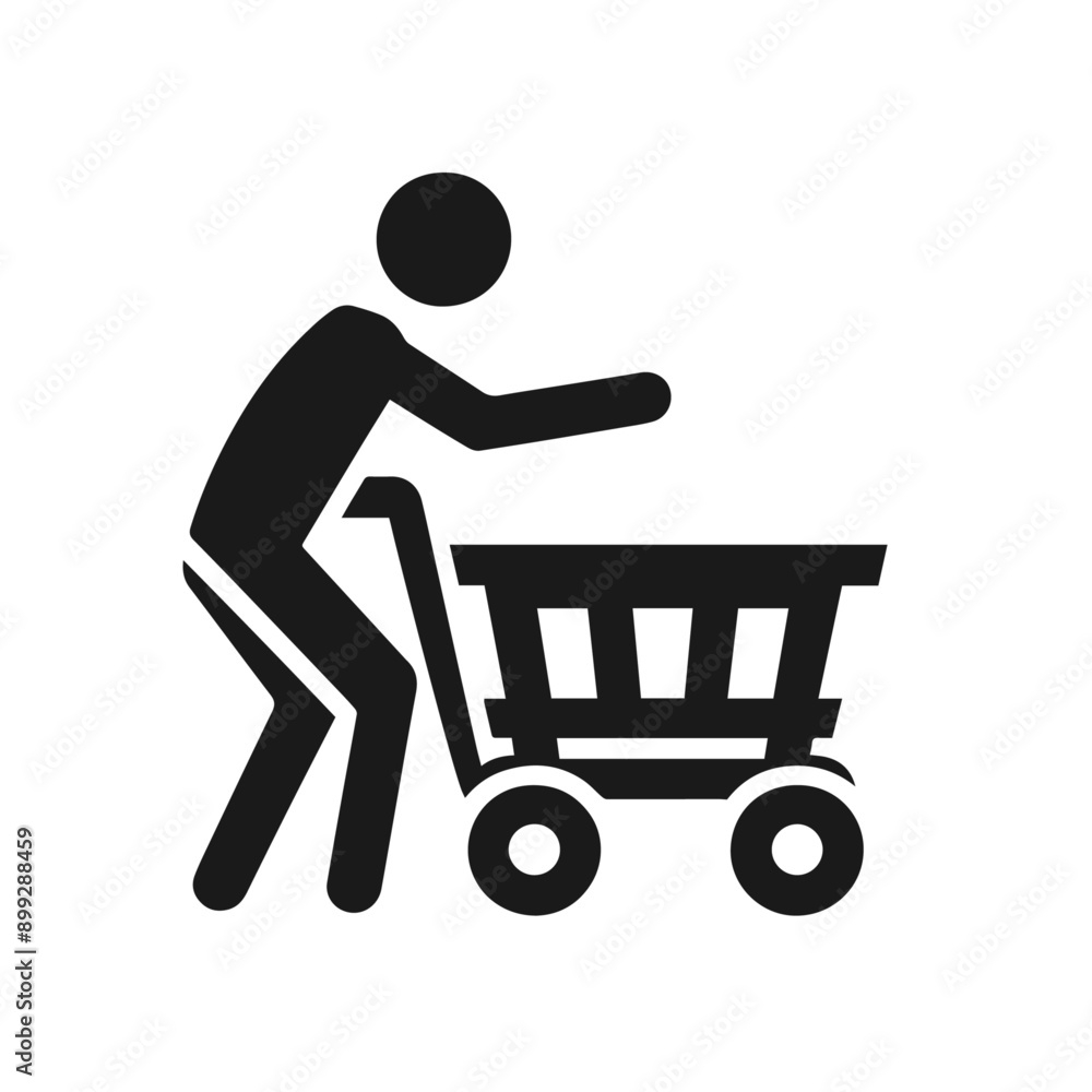 Clean black and white vector silhouette of a person icon with trolley isolated on white background Clean black and white vector silhouette of a person icon with trolley isolated on white background