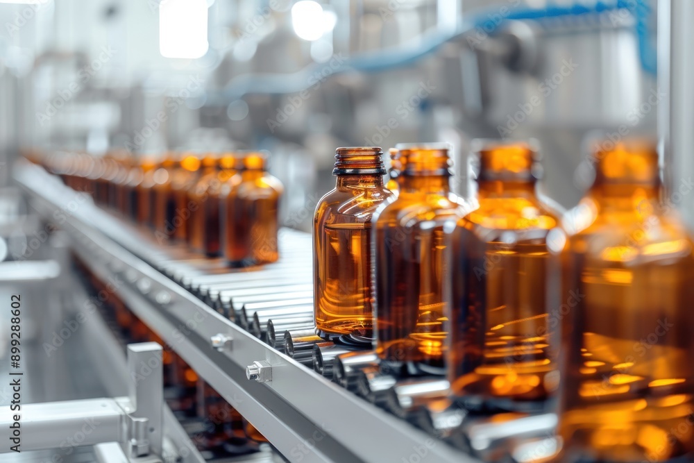 Conveyor belt with amber glass bottles in a manufacturing plant, representing pharmaceutical production Conveyor belt with amber glass bottles in a manufacturing plant, representing pharmaceutical production