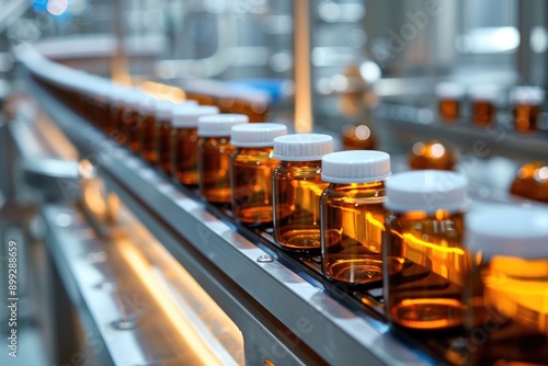 Wallpaper Mural Conveyor belt with amber glass bottles in a manufacturing plant, representing pharmaceutical production Torontodigital.ca