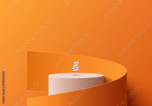 3D cylindrical white podium background with roll wrap orange paper wall scene. Minimalist 3D mockup pedestal, Abstract product display presentation, Stage showcase. Platforms vector geometric design.