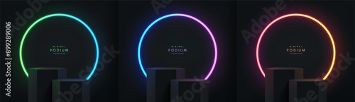 Set of black 3d hexagon podium background with glowing ring neon in green, blue and orange wall scene. Abstract minimal mockup, Product display presentation, Stage showcase. Platforms vector design.