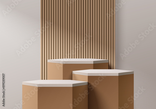 Realistic brown, gray 3D hexagon podium set with wooden slats on wall scene. Minimalist 3D mockup abstract cosmetic product display presentation, Stage for showcase. Platforms vector geometric design.