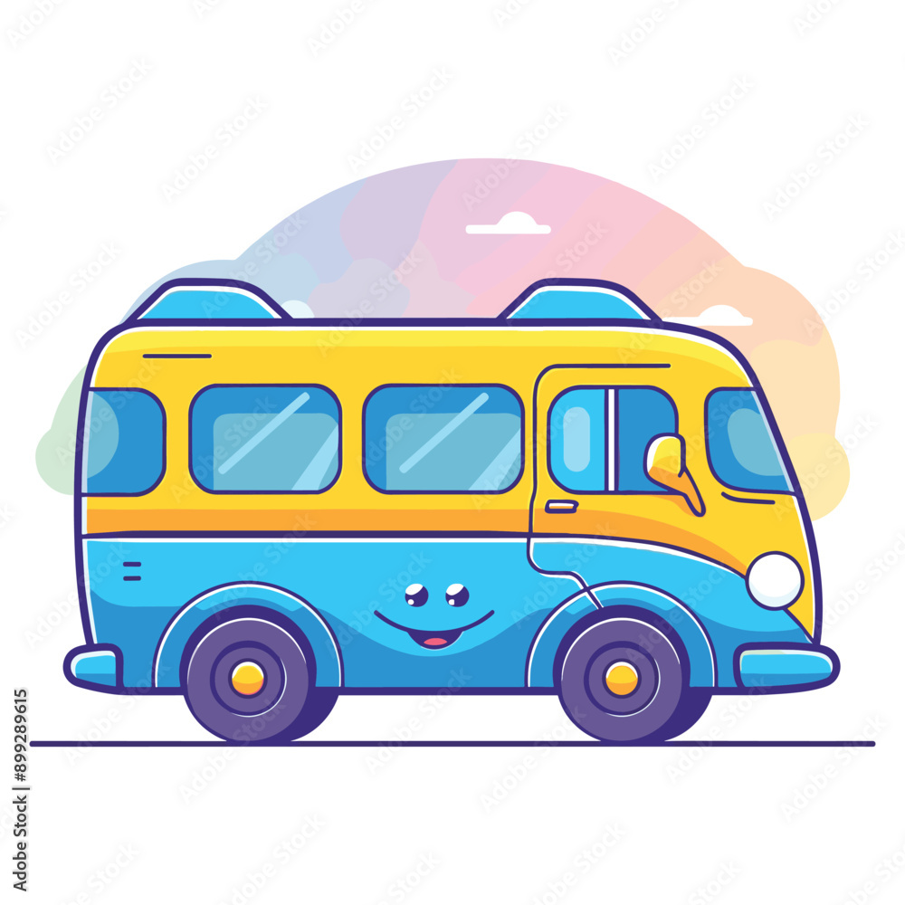 Cute cartoon illustration of a yellow and blue bus with a smiley face. Cute cartoon illustration of a yellow and blue bus with a smiley face.