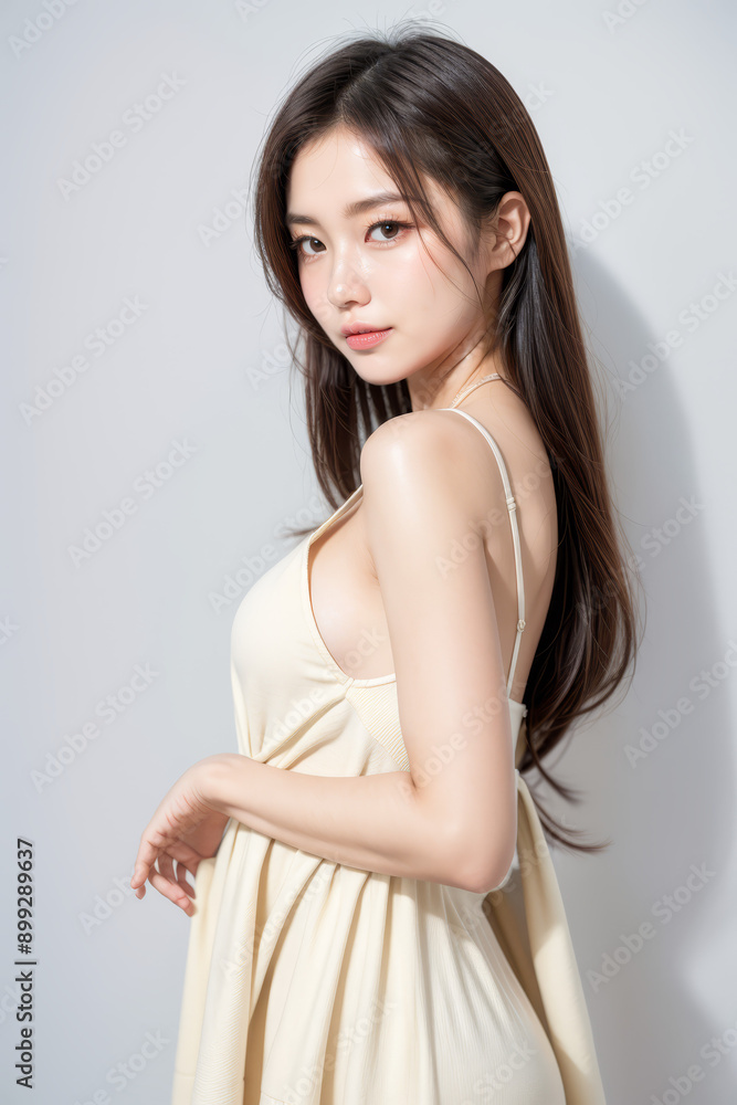 Fashion Clothing Asian Model - Female with Perfect and Fine Features - Perfect and Glowing Skin -  Studio Environment - Styled and Smooth Hair - Cosmetics Model