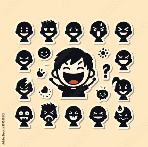 Expressive Silhouette Emotion Stickers with Happy, Angry, and Diverse Facial Expressions Pack