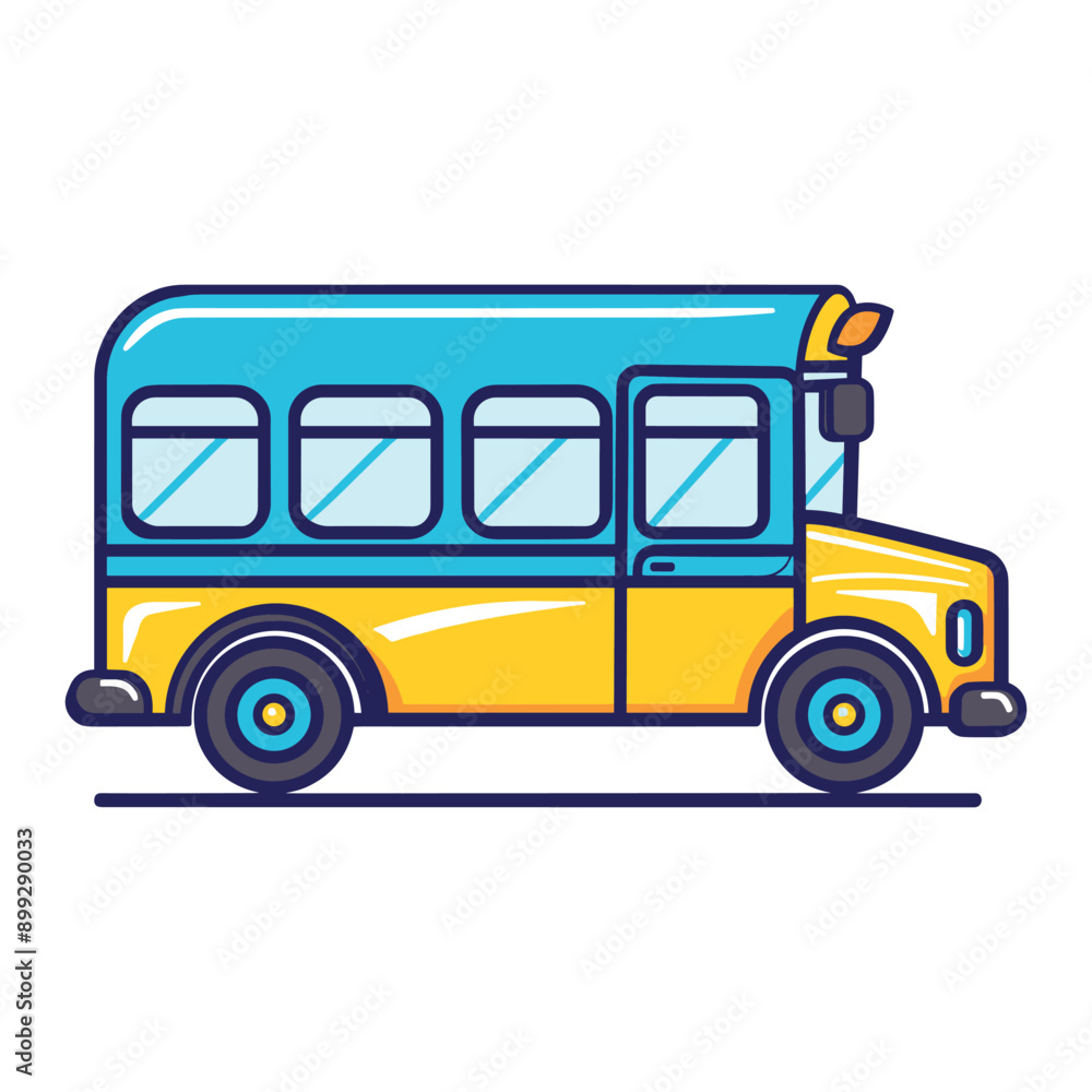Cartoon illustration of a yellow and blue school bus. Cartoon illustration of a yellow and blue school bus.