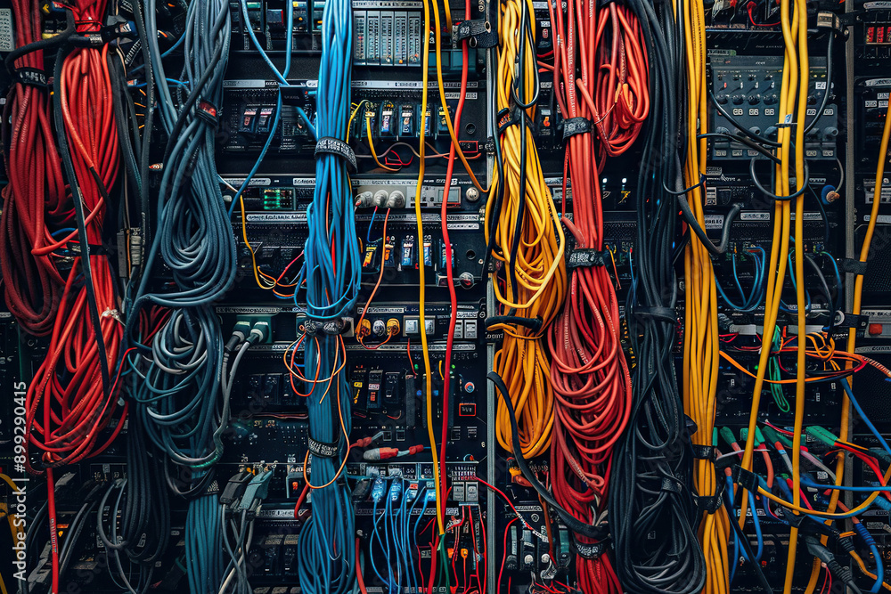 Many wires in the server room on the data processing rack. Generated by artificial intelligence Many wires in the server room on the data processing rack. Generated by artificial intelligence