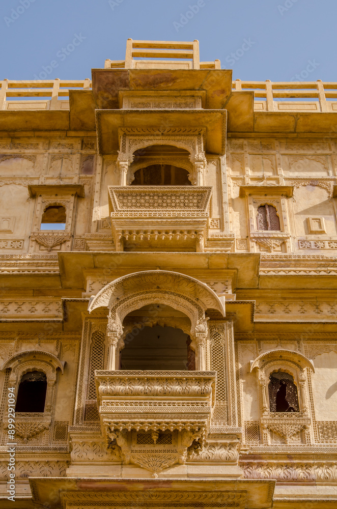 Patwon ki Haveli, beautiful architecture, made of yellow limestone, intricate art work, popular tourist destination, Jaisalmer, Rajasthan, India, Asia. Patwon ki Haveli, beautiful architecture, made of yellow limestone, intricate art work, popular tourist destination, Jaisalmer, Rajasthan, India, Asia.