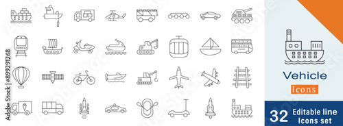 Vehicle line art icon collection. containing cars, bicycles, ships, boats, helicopters, modern design elements and more editable line icons