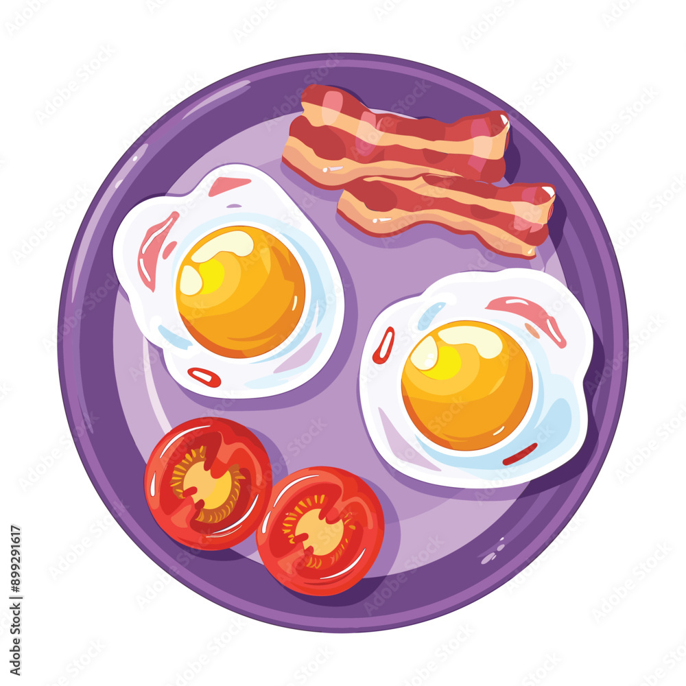 Two fried eggs, bacon and two tomato slices on a plate, breakfast food. Two fried eggs, bacon and two tomato slices on a plate, breakfast food.