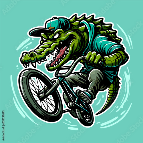 Cool Crocodile riding bike Cartoon Illustration