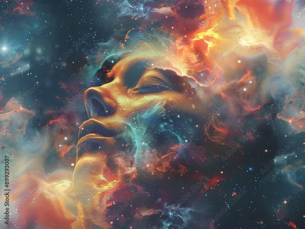 Surreal digital art of an abstract woman's face with closed eyes, enveloped by cosmic swirls and stars, against a nebula-filled background. Capturing the essence of the universe within her silhouette Surreal digital art of an abstract woman's face with closed eyes, enveloped by cosmic swirls and stars, against a nebula-filled background. Capturing the essence of the universe within her silhouette