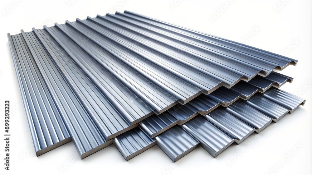 Modern industrial metal roofing material with corrugated steel sheets arranged in a uniform pattern on a clean white background. Modern industrial metal roofing material with corrugated steel sheets arranged in a uniform pattern on a clean white background.