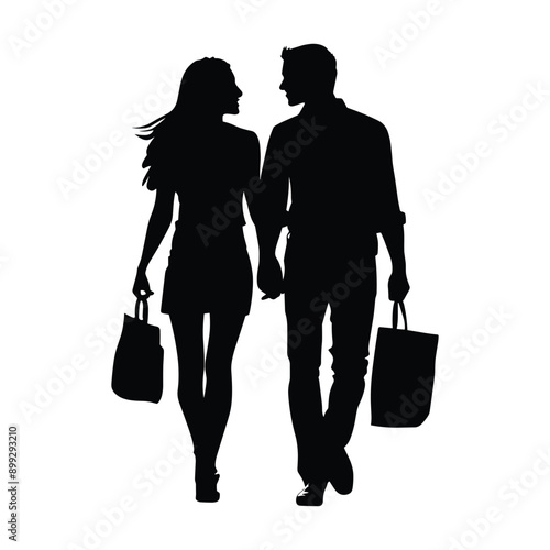 Silhouette of a couple holding hands and shopping bags, walking together.