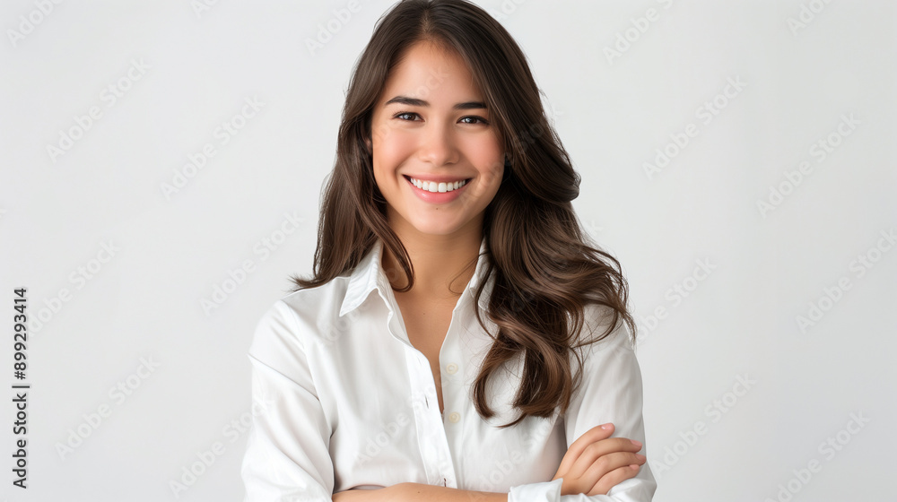 Cheerful brunette business woman student in white button up shirt, smiling confident and cheerful with arms folded, isolated on a white background Cheerful brunette business woman student in white button up shirt, smiling confident and cheerful with arms folded, isolated on a white background