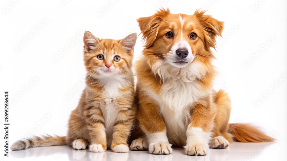 Obraz premium Adorable golden border collie and orange tabby kitten sitting together in perfect harmony on a transparent background, paws touching ground.