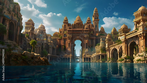 lost city, old city, adventure, gold city, stone, big, sea, blue sky ai generated