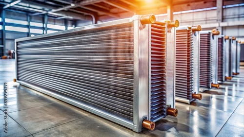 Row of shiny aluminum fins on industrial evaporator coil unit installed on a concrete floor in a mechanical room