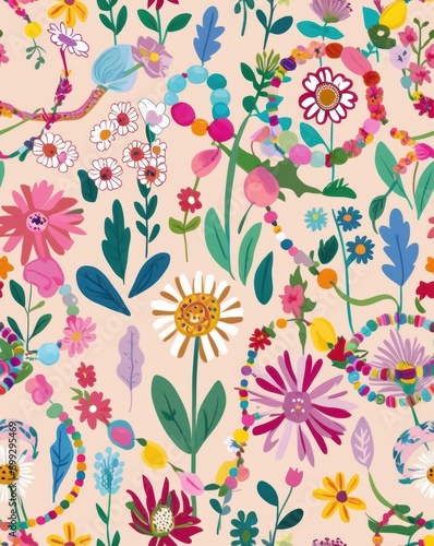 Tile texture of A colorful floral pattern with a peace sign in the center. background