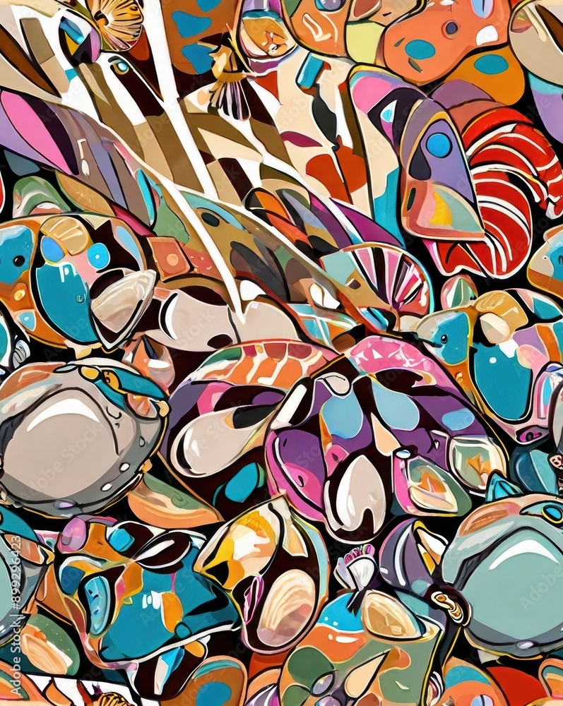Tiled mosaic texture of a colorful painting of various sea creatures ...
