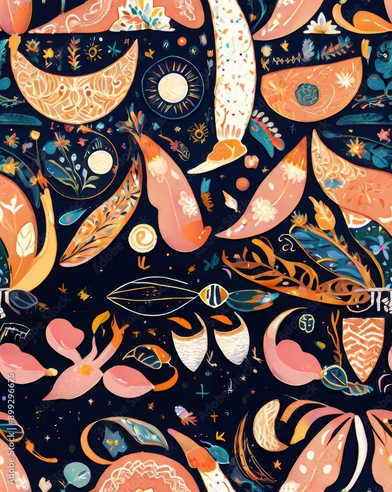Tile texture of A colorful painting of flowers and leaves with a black background Tile texture of A colorful painting of flowers and leaves with a black background