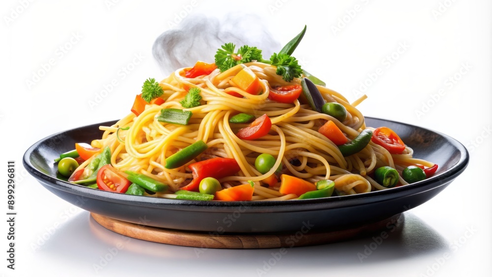 Steaming hot, savory, and flavorful Hakka noodles, generously sprinkled with mixed vegetables, isolated on a crystal-clear transparent background. Steaming hot, savory, and flavorful Hakka noodles, generously sprinkled with mixed vegetables, isolated on a crystal-clear transparent background.