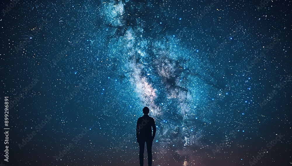 Unrecognizable traveler standing under starry milky way Unrecognizable traveler standing under starry milky way