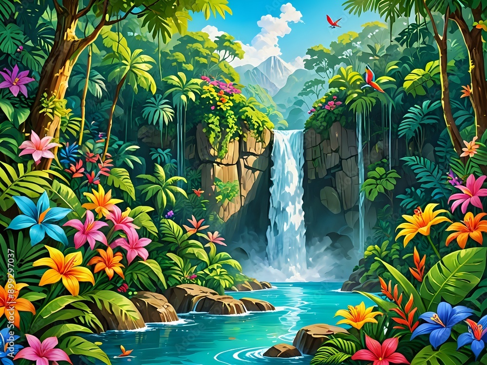 A majestic waterfall in a lush rainforest, surrounded by vibrant vegetation and colorful flowers, playful art A majestic waterfall in a lush rainforest, surrounded by vibrant vegetation and colorful flowers, playful art