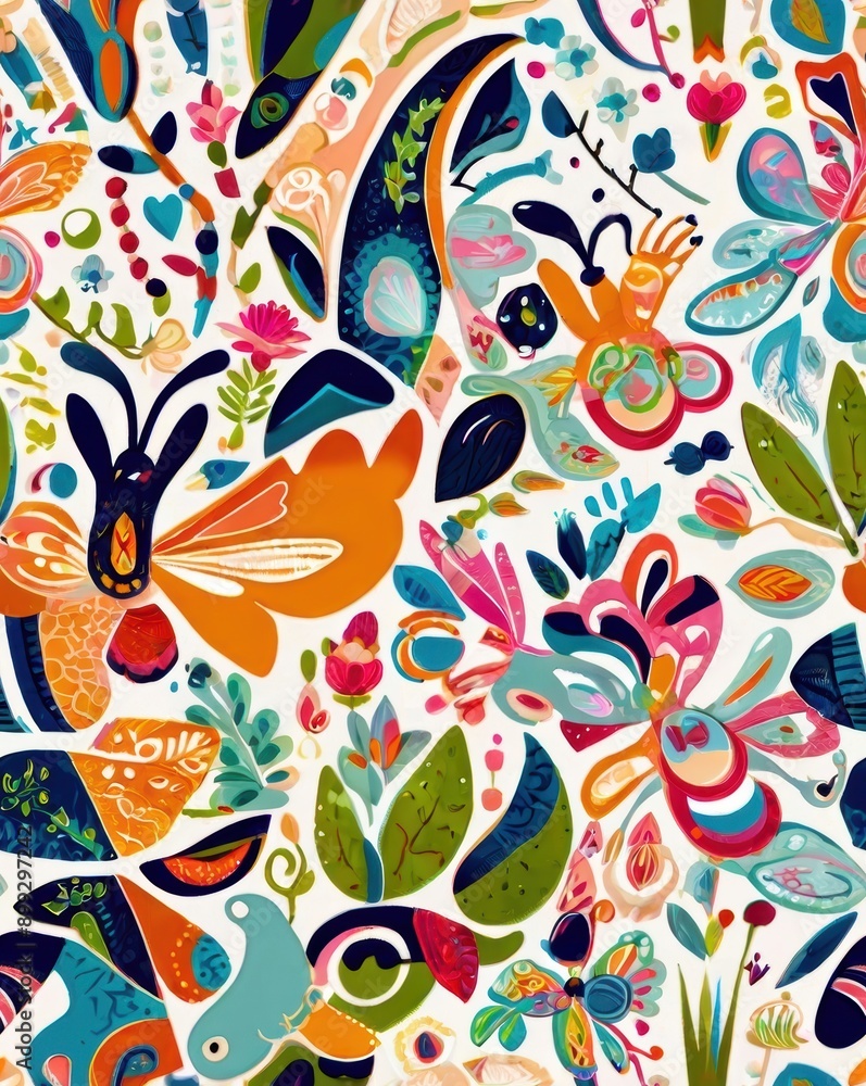 Obraz premium Tile texture of A colorful painting of a garden with many different flowers and butterflies