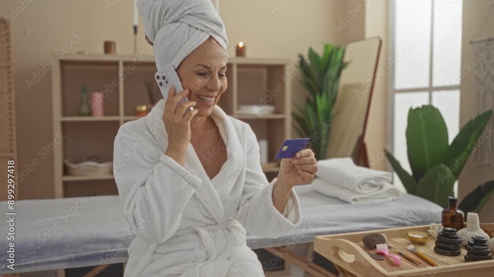 Woman in spa talking on phone holding credit card in wellness center with beauty treatment tools in front Woman in spa talking on phone holding credit card in wellness center with beauty treatment tools in front