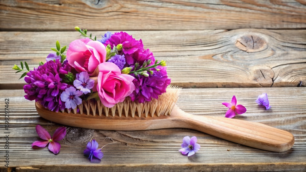 Vibrant purple and pink flowers overflow from a delicate, antique-style brush, set against a soft, creamy, natural woodgrain background. Vibrant purple and pink flowers overflow from a delicate, antique-style brush, set against a soft, creamy, natural woodgrain background.